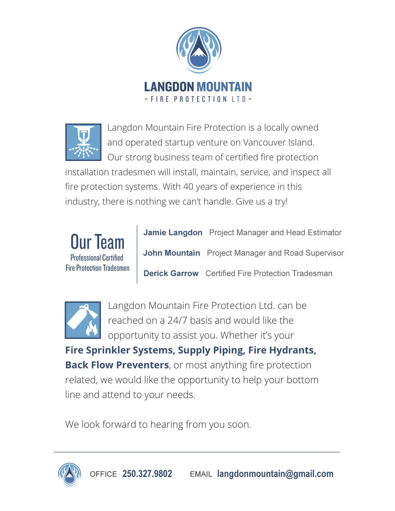Langdon Mountain Fire Protection Ltd.  COVER LETTER